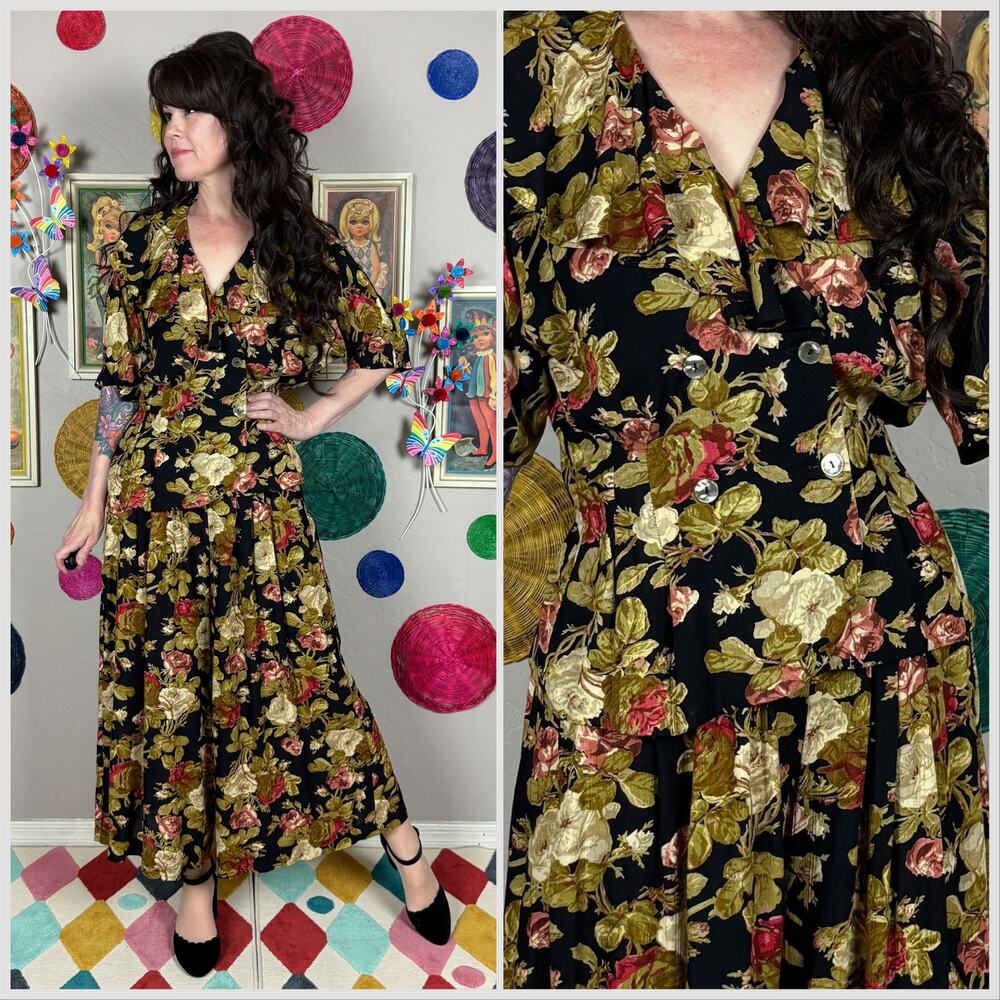 Vintage 1980s Floral 2-Piece Set Ruffle Top and Wide Leg Palazzo Pants